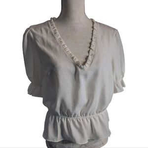 White TopShop Peplum Peasant Blouse with Ruffled V Neck Size 10